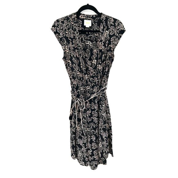 ANTHROPOLOGIE Maeve Noronha Black Beige Elephant Print Faux Wrap Dress Small - Picture 4 of 9